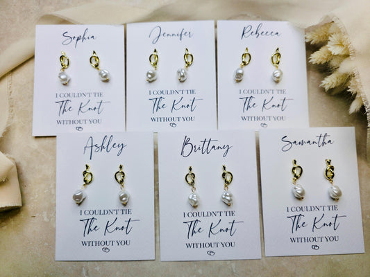 Personalised Bridesmaid Earrings | Knot Pearl Earrings | Bridesmaid Gift | Custom Bridal Jewelry | Wedding Proposal | Wedding Accessory Card