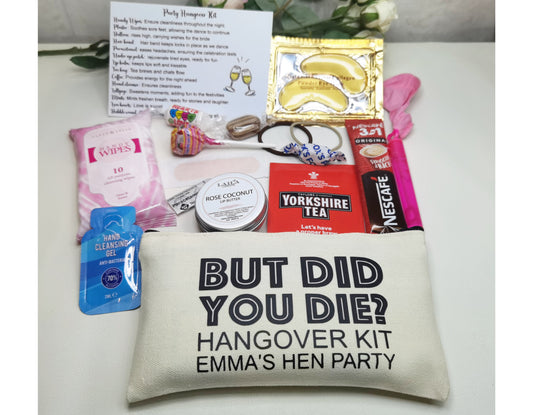 Personalised Hangover Kit | But Did We Die Kit | Prefilled Survival Kit | Hen do | Pouch Favour | Wedding | Bride | Bachelorette | Party
