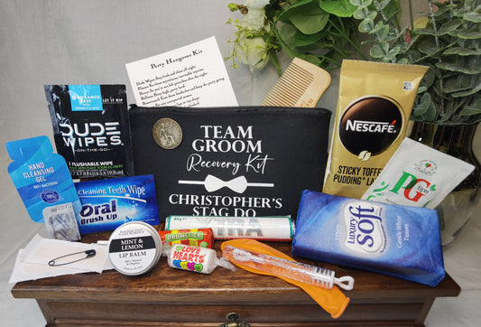 Personalised Team Groom Bachelor Party Hangover Survival Kit Stag Do Pre-filled Recovery | Best Man | Favour | Wedding | Gift |  Zip Pouch